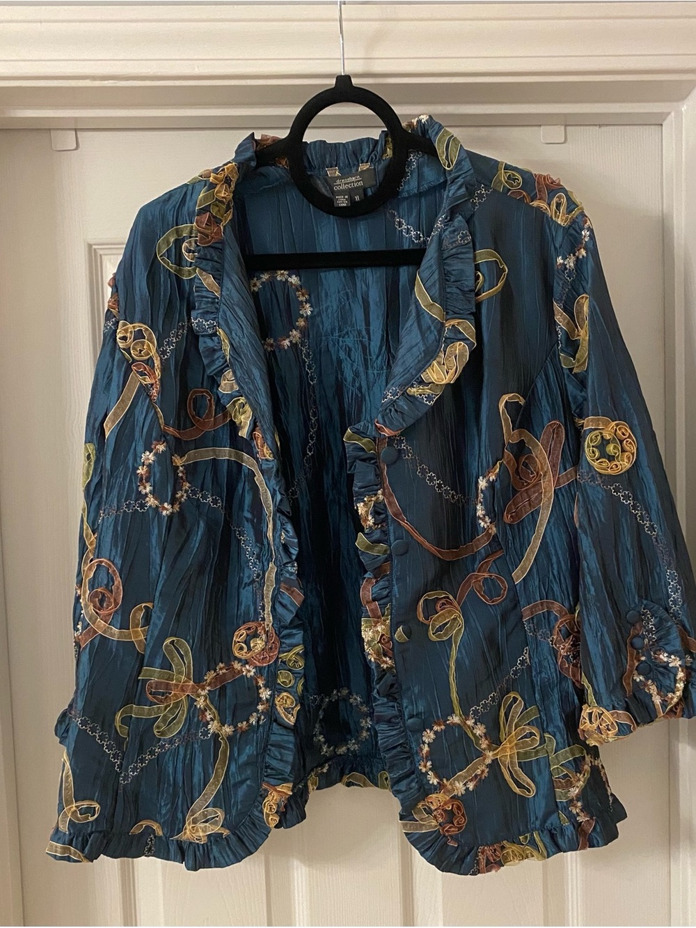 Dressbarn Teal Ruffle-Trim Open Cardigan with Ribbon Embellishment size xl